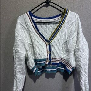 White and Blue Cable Knit Cardigan Sweater